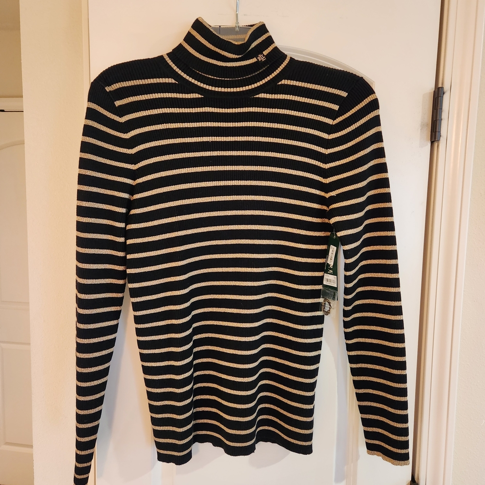 New Ralph Lauren Black and Gold Striped Turtleneck Top - Picture 2 of 6